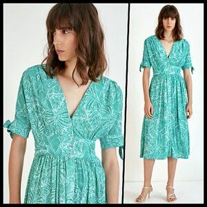Suncoo Tropical Floral Midi Dress Green XS S NWOT